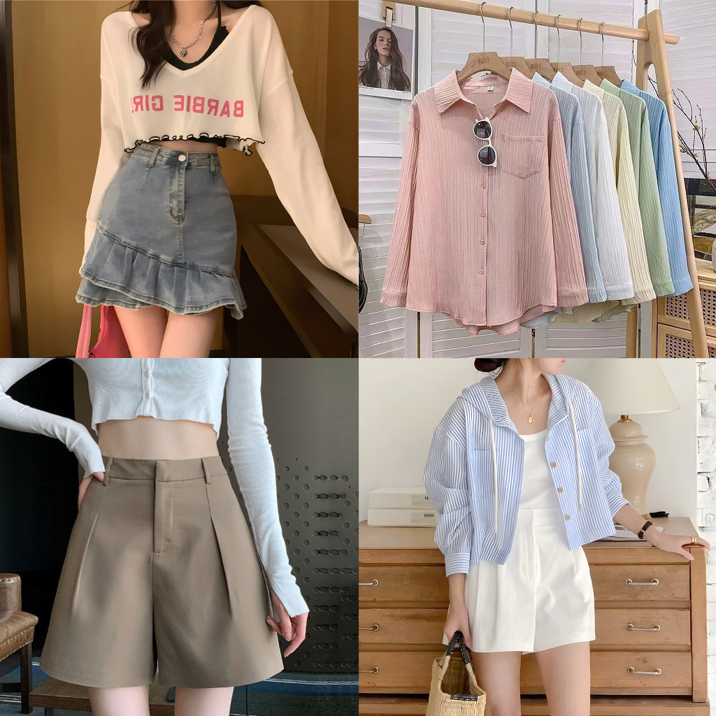 yoonik เสื้ออัดพลีทผู้หญิง  เสื้อครอปแขนยาว กางเกงผู้หญิงขายาว สีพื้น เอวยางยืด นุ่มใส่สบาย