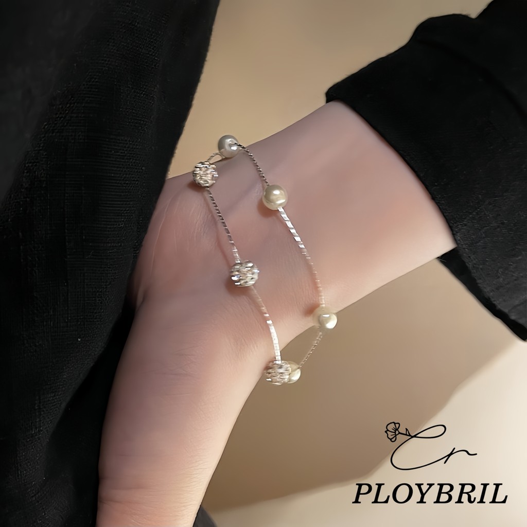 PLOYBRIL Fsahion สวย Bling Two-Lays Pearl Rhinestones สายรัดข้อมือกําไลข้อมือ S015