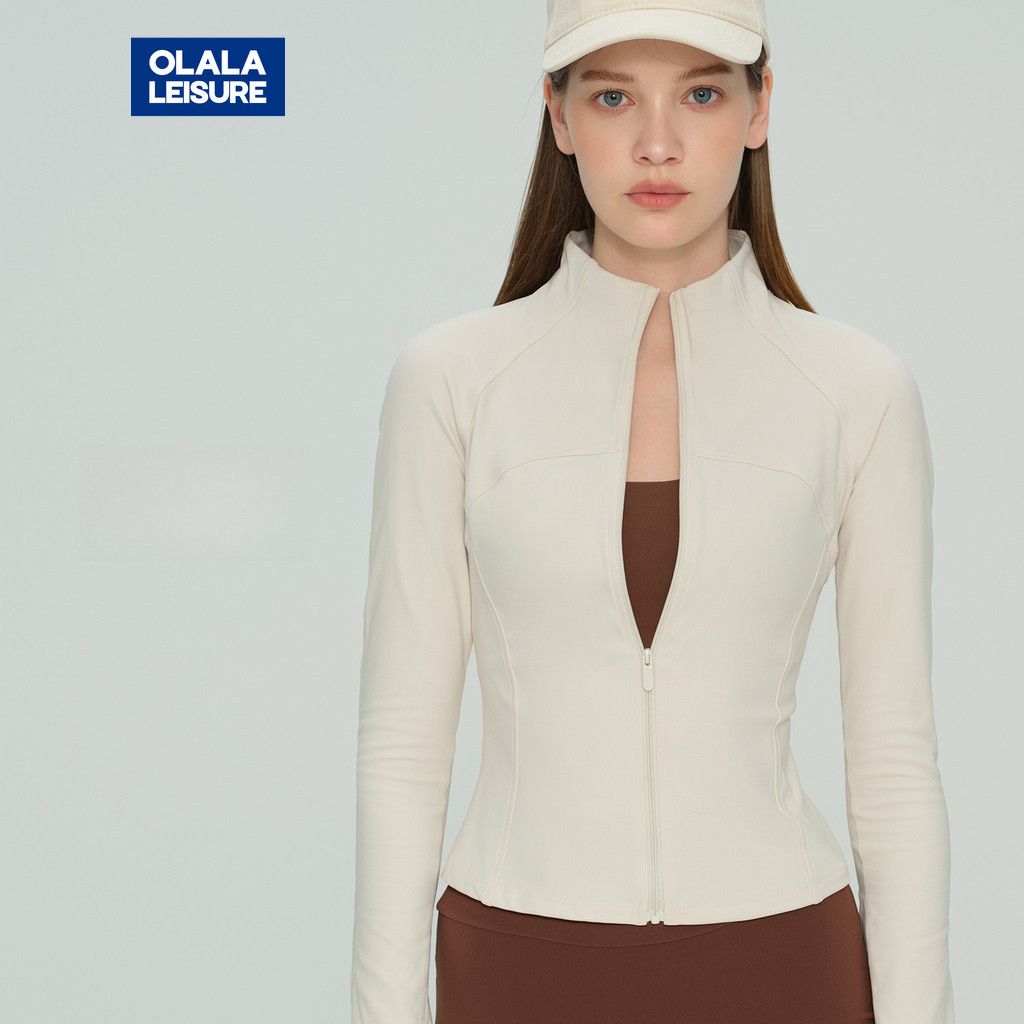 OALA Stand Collar Zipper Finger Sleeve เอว-Cinching สั้นฟิตเนสวิ่งการฝึกอบรมโยคะพิลาทิสเสื้อกีฬาด้านบน