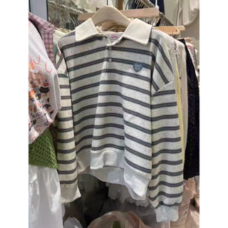 Solovely โอเวอร์ไซซ์ เสื้อสเวตเตอร์ ผู้หญิง สไตล์เกาหลี ปักลาย แขนยาว ลายทาง เสื้อ