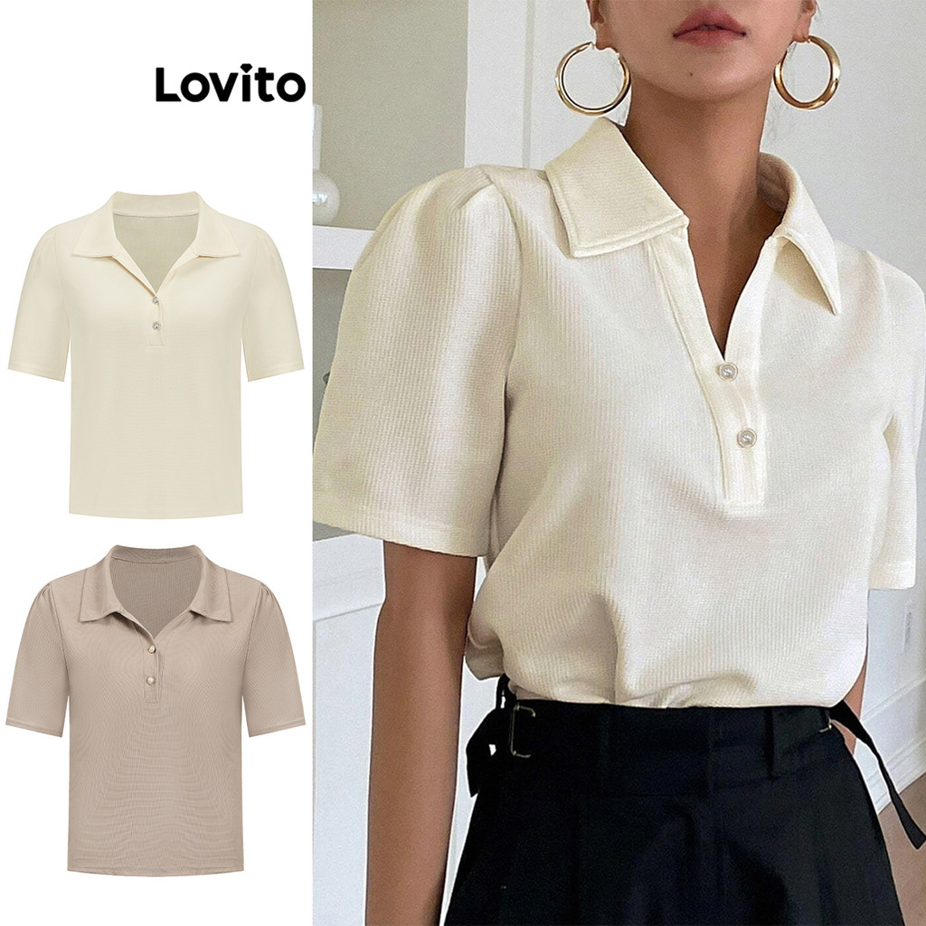 Lovito เสื้อยืดลําลองเสื้อยืดคอปกโปโลไข่มุกธรรมดาสําหรับผู้หญิง LBL10131