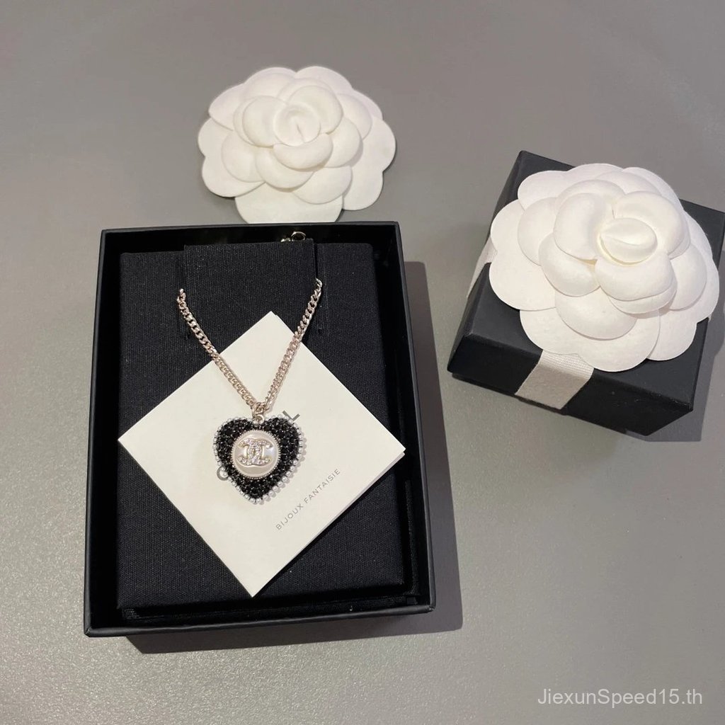 CHANEL CHANEL CHANEL Double c Hanging Full Diamond Heart Necklace Black--CC
