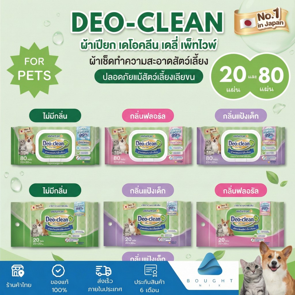 Unicharm Pet Deo Clean  เดโอคลีน เดลี่ เพ็ทไวพ์ ผ้าเช็ดทำความสะอาดสัตว์เลี้ยง สำหรับสัตว์ ปลอดภัย 80 แผ่น 20 แผ่น