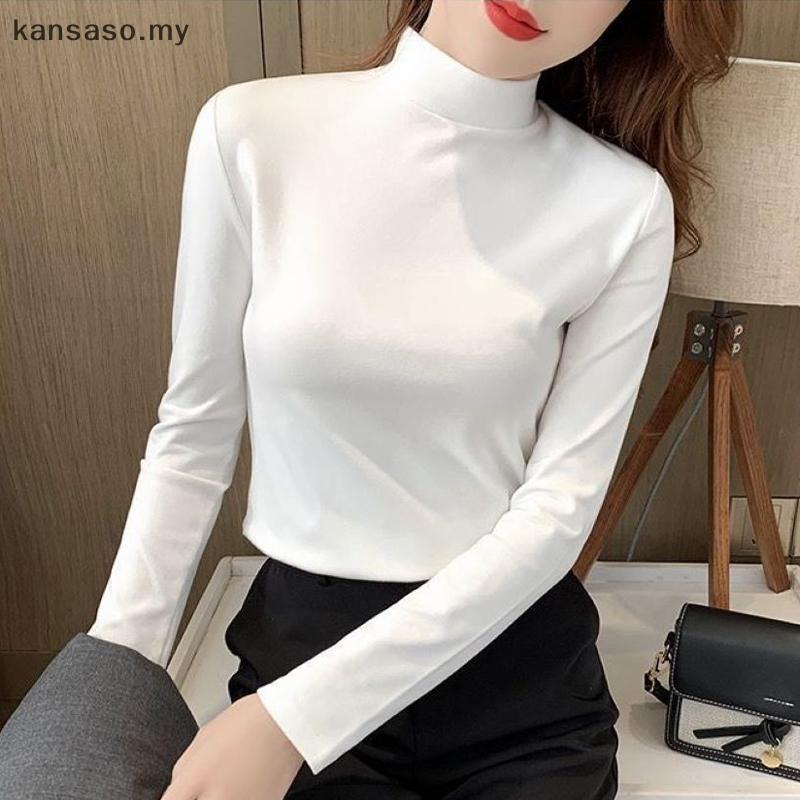 [KSA] เสื้อยืดอุ่นคอปกครึ่งสูงของผู้หญิงฤดูใบไม้ร่วงและฤดูหนาวและเสื้อท่อนบนสีขาว [MY]