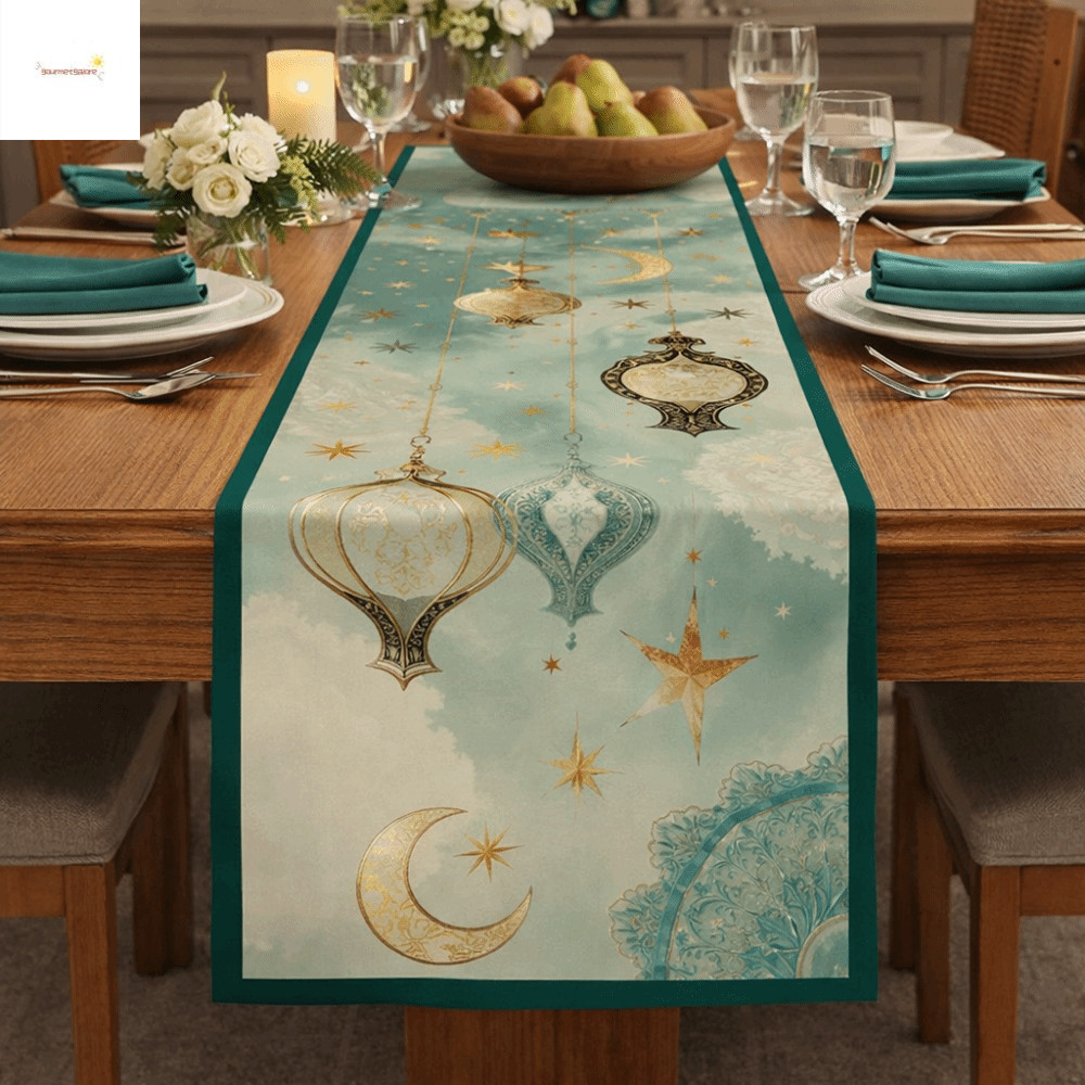 GOURMETGALORE Ramadan Table Runner, Vintage Original Moon Star Table Runner, Stain Resistance Washab
