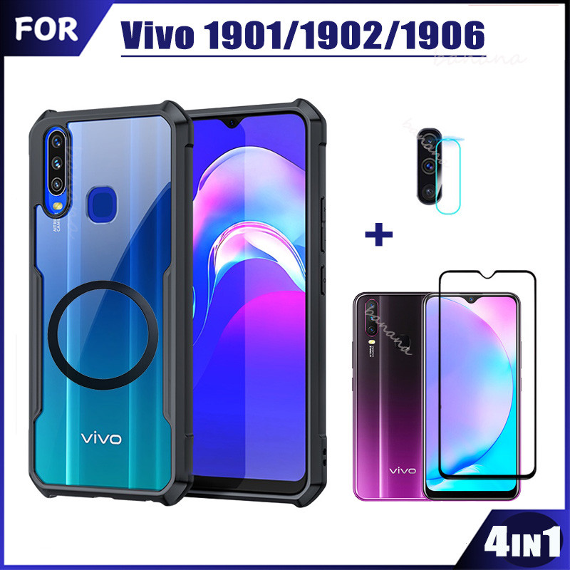 4in1 Vivo 1901 1902 1906 เคสโทรศัพท์พร้อมแหวนแผ่นเหล็กแม่เหล็กสําหรับ Vivo 1807 1817 1811 Y11 Y12 Y15 Y17 Anti-Spy กระจกนิรภัย + กระจกเลนส์กล้อง