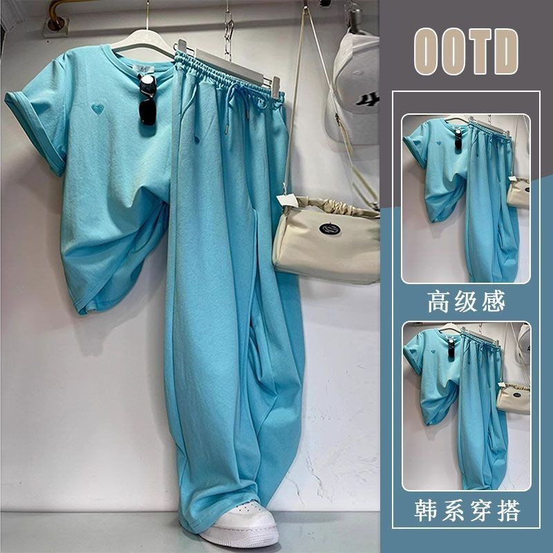 2025 Fried Street High-End หลวมสบายๆแฟชั่น Dopamine Blue เสื้อยืดกีฬากางเกงสูทผู้หญิง 2.26