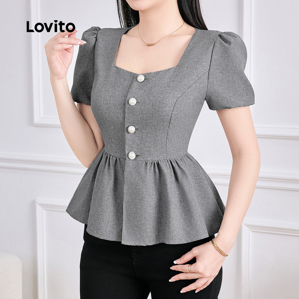 Lovito เสื้อเชิ้ตหรูมีปุ่มผ้าโบว์หยักชาย เนื้อผ้าดี ฤดูใบไม้ผลิ/ฤดูร้อน สีดำ L137ED655