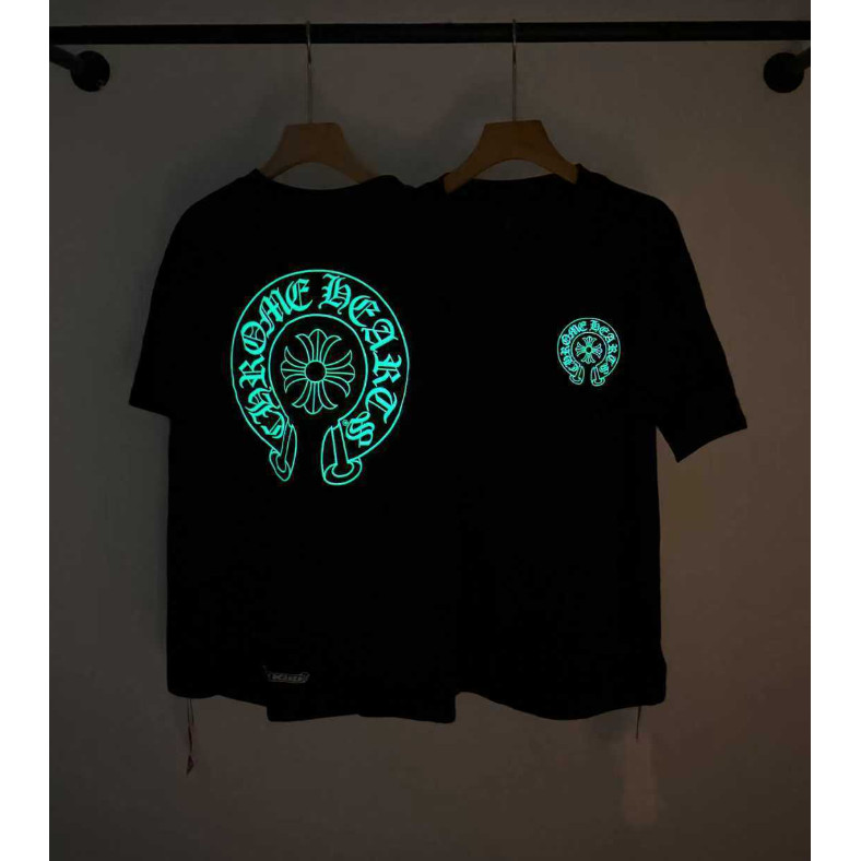 เสื้อยืดแขนสั้น พิมพ์ลายดอกไม้ ส่องแสง สีดำ Unisex ทรงหลวม เหมาะสำหรับใส่ลำลอง
