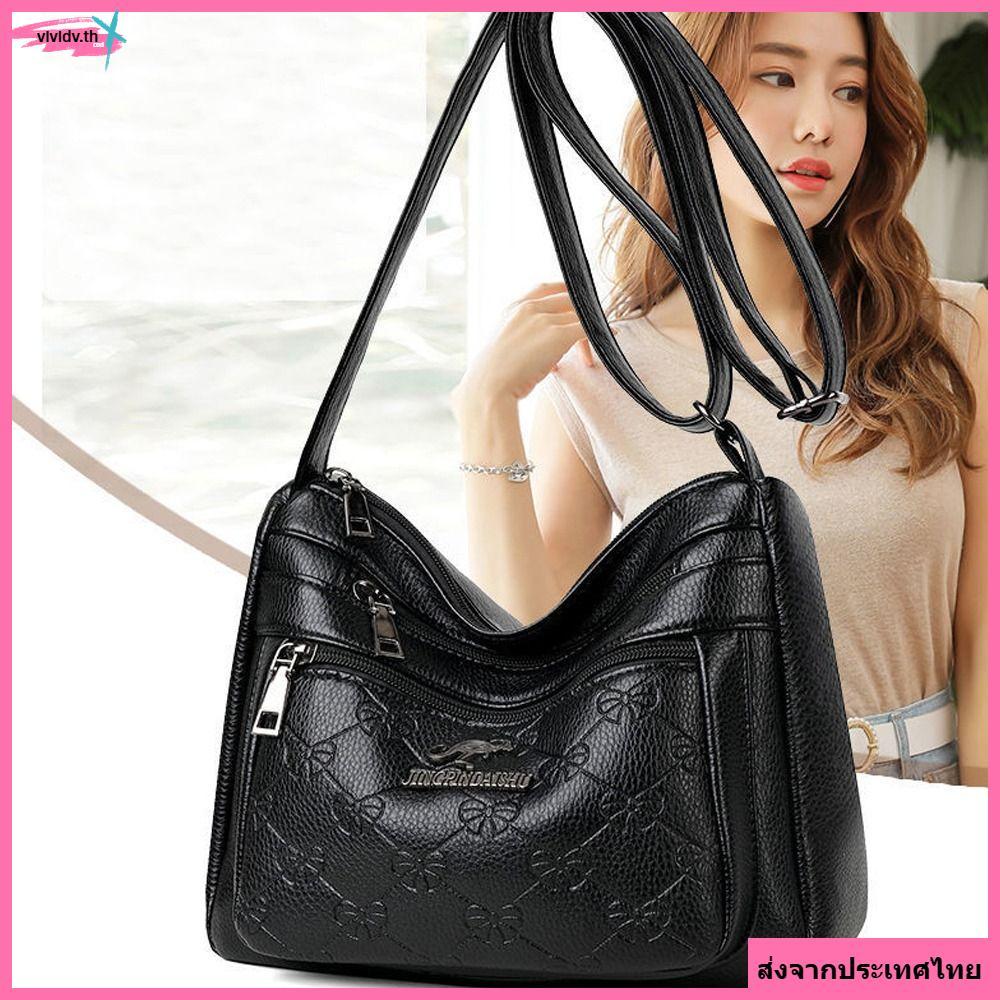 จัดส่งจากประเทศไทย VIVIDV กระเป๋าความจุขนาดใหญ่สีดำ Elegant Multi-layer PUหนัง Crossbody สำหรับผู้หญิง