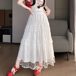 ชุดกระโปรงยาวสไตล์ฝรั่งเศส สีขาว ตัดเอวสูง พวงแก้มปุยหรูหรา สำหรับใส่ลำลอง
