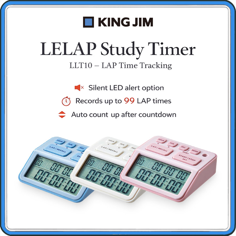 KING JIM LELAP LLT10 Study Timer – LAP Function Digital Countdown & Count Up Timer with Silent LED Alert – Blue / White / Pink Variants
