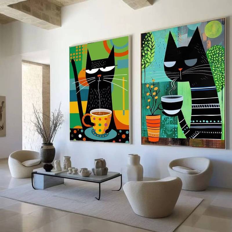 Whimsical Black Cat Drink Coffee Poster สําหรับห้องนอนเนอสเซอรี่การ์ตูนสัตว์โปสเตอร์ไม่มีกรอบผ้าใบภาพวาดแมวน่ารักภาพประกอบพิมพ์ Wall Art ราคา ถูกที่สุด ดีลบีเคเค แกลเลอรีภาพที่ 3