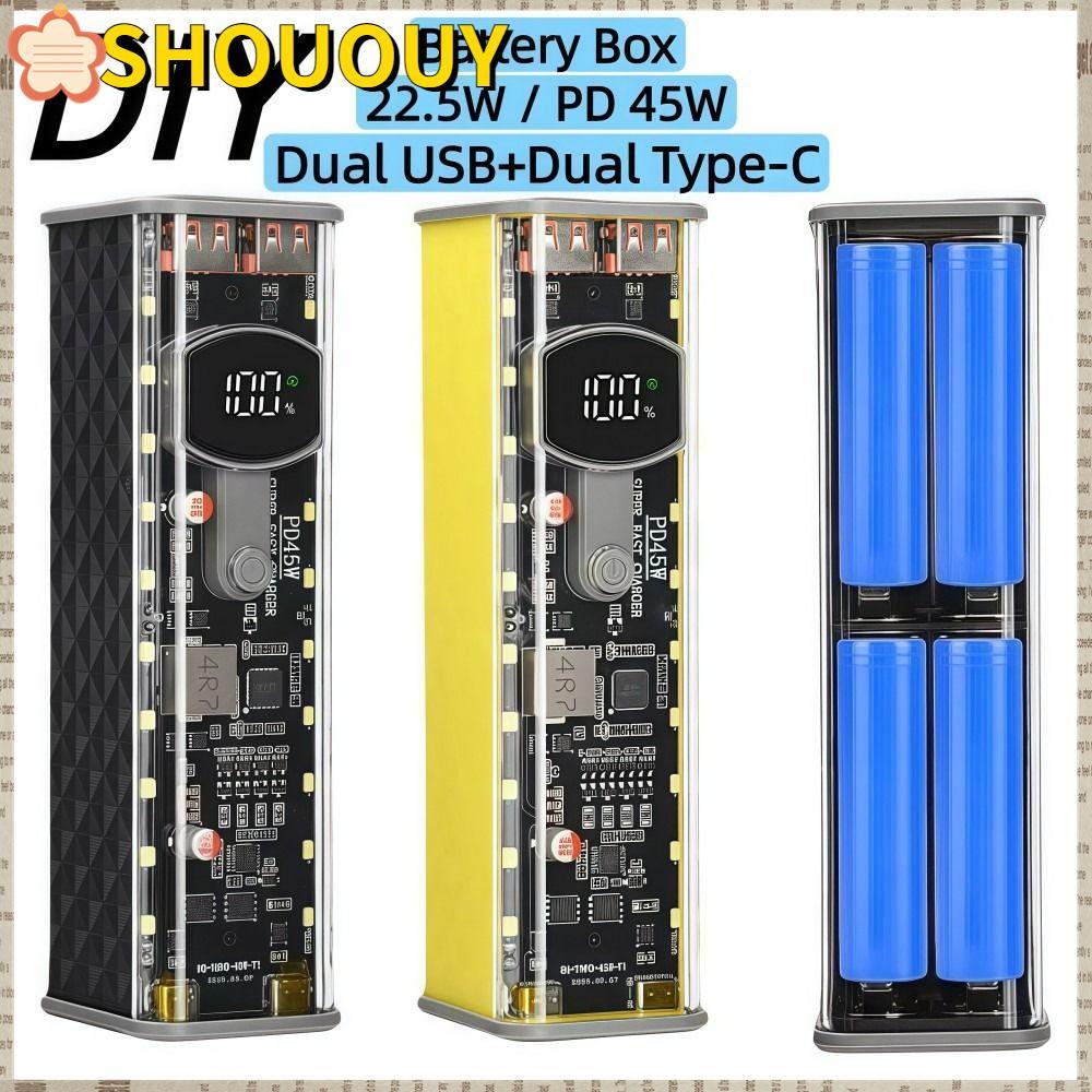 SHOUUY 8x18650 Power Bank, หน้าจอ LED USB + Type-C พอร์ตกล่องเก็บแบตเตอรี่, PD 22.5W 45w โปร่งใส Fast Charging DIY กล่องแบตเตอรี่สําหรับโทรศัพท์สมาร์ท