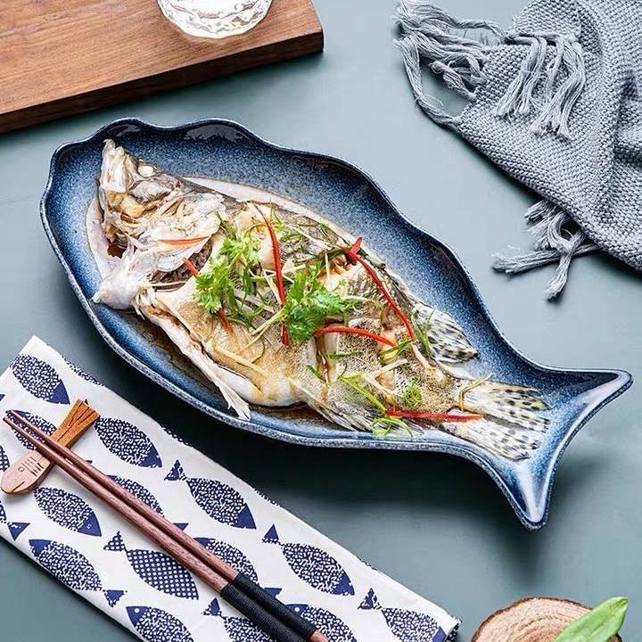 Ceramic Fish Steaming Plate Creative Outfit Fish Plate Household Plate New Large Size Fish Plate 8sw