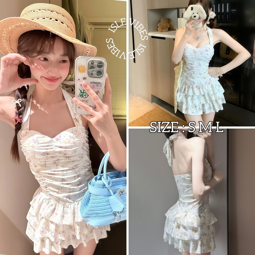 ISLE VIBES  ชุดว่ายน้ำทรงกระโปรง ผูกคอผูกหลัง มีบรา ✨มีไซส์ S-L | น้ำหนัก 38-58 กก. Y206