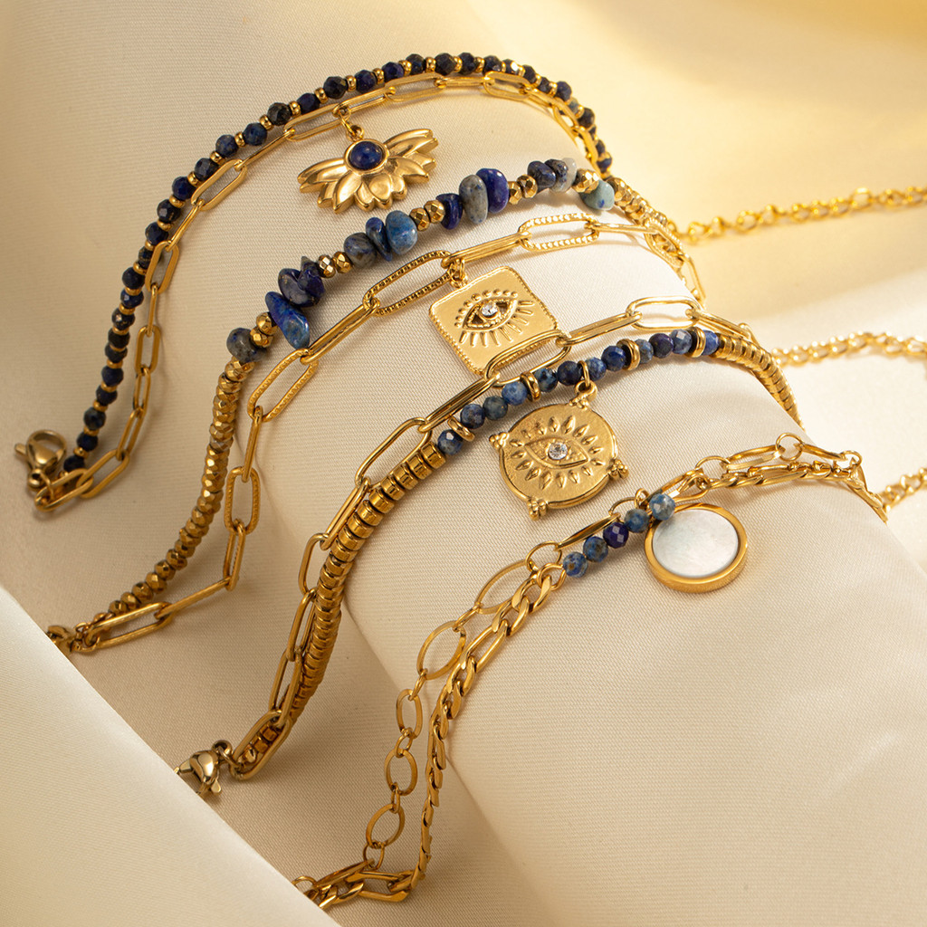 สร้อยข้อมือเหล็กไทเทเนียมสไตล์ใหม่ ลวดลาย Boho กับลูกปัดหินธรรมชาติ สองชั้นสำหรับผู้หญิง เป็นของขวัญ