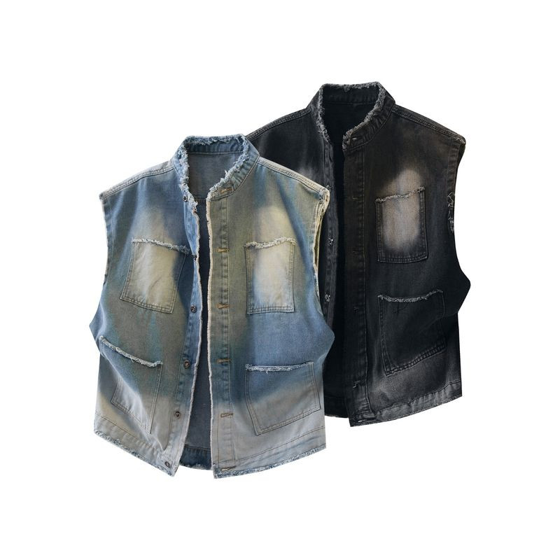 YOUTANG American Ripped Denim Jacket สไตล์สมัยใหม่สำหรับผู้ชายและผู้หญิง งานแขนกุดคอตั้ง