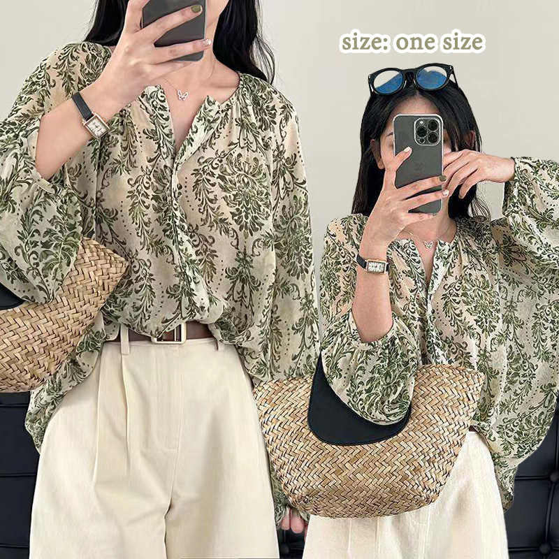 w317 เสื้อเชิ้ตผ้าชีฟองสีเขียวลายดอกไม้ คอวี เสื้อผู้หญิงแบบใหม่ แขนโคมไฟ คาร์ดิแกนป้องกันแสงแดด สไตล์วรรณกรรม