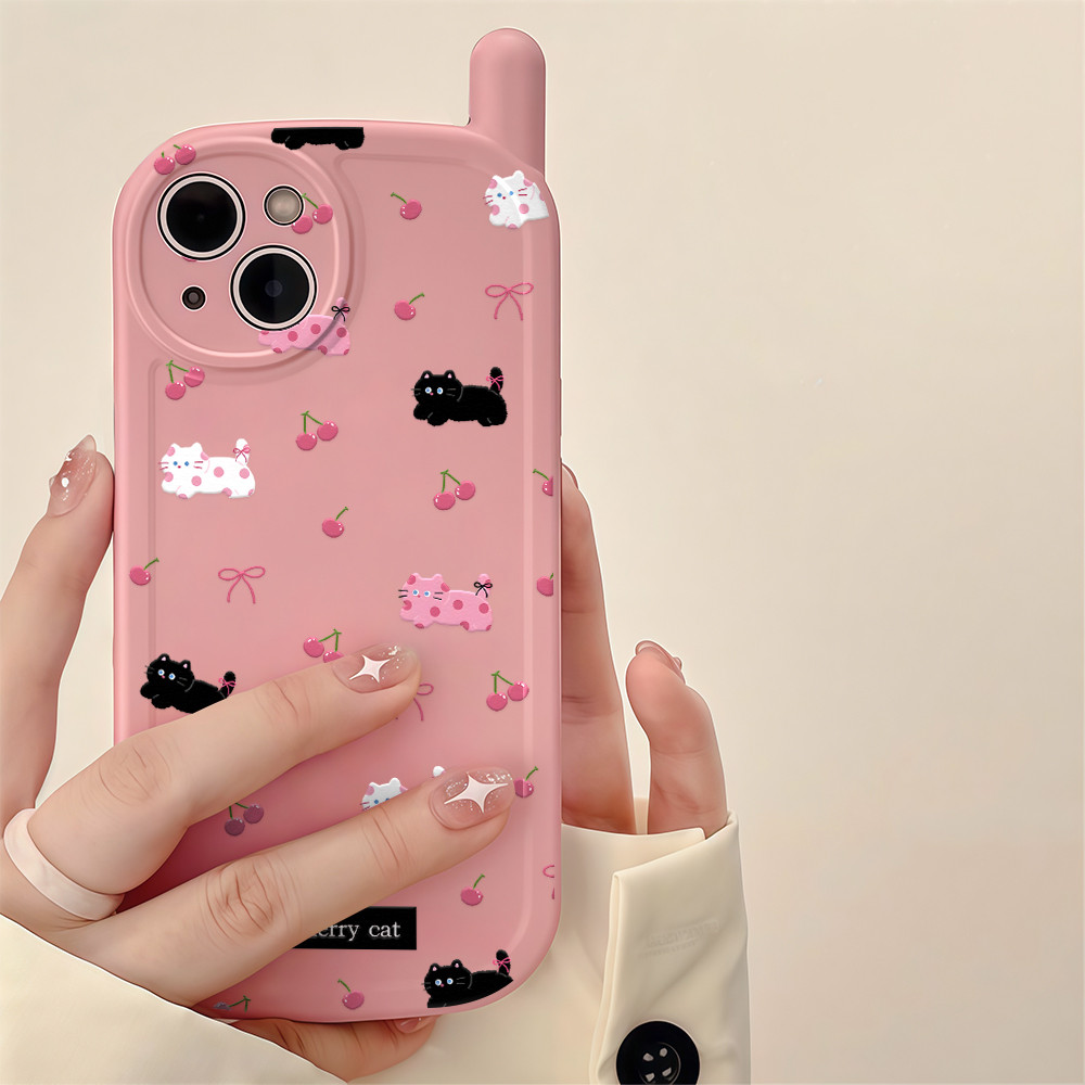 เคสไอโฟน13 ซิลิโคนนิ่ม ลายแมวและเชอร์รี่สีชมพู For IPhone 11 12 13 14 15 16 17 Pro Max 8 14 15 16 Plus XSMax XR SE 7Plus