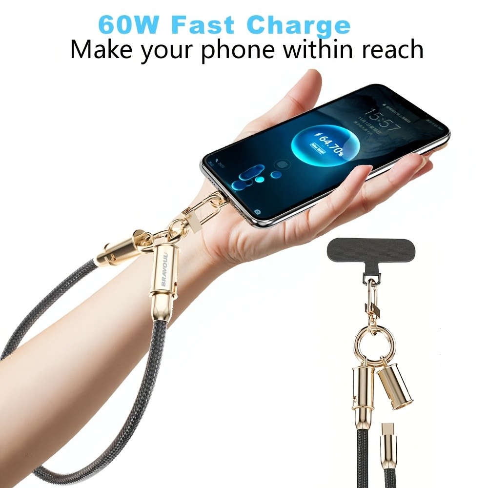 Bravoul สายชาร์จครอสบอดี้สําหรับโทรศัพท์ Andorid/ iPhone 17 Series, 60W USB-C สายรัดข้อมือ/คอ Fast C