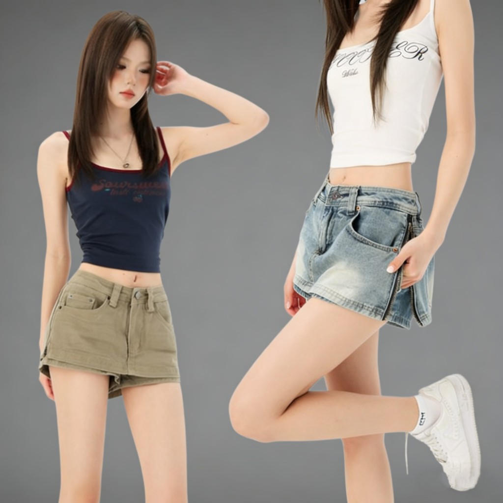 Bived S-6XL ท่านหญิง กระโปรงสั้นผ้ายีนส์ เอวต่ำ ทรงเข้ารูป กระโปรงทรงเอ ดีไซน์ซิปด้านข้าง