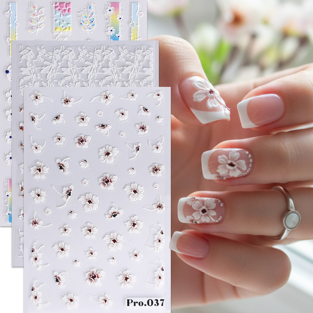 HAMA 3D สติ๊กเกอร์ติดเล็บลายนูน Minimalist Geometric Flower Design Nail Art Decals สําหรับสไตล์หรูหรา