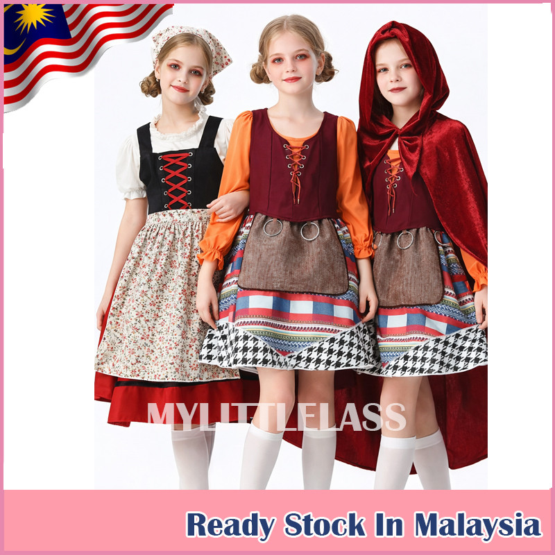 MYLITTLELASS เด็ก Charming เครื่องแต่งกายหมู่บ้านสไตล์ยุโรปหนูน้อยหมวกแดงชุดยุคกลางสําหรับเด็กผู้หญิง