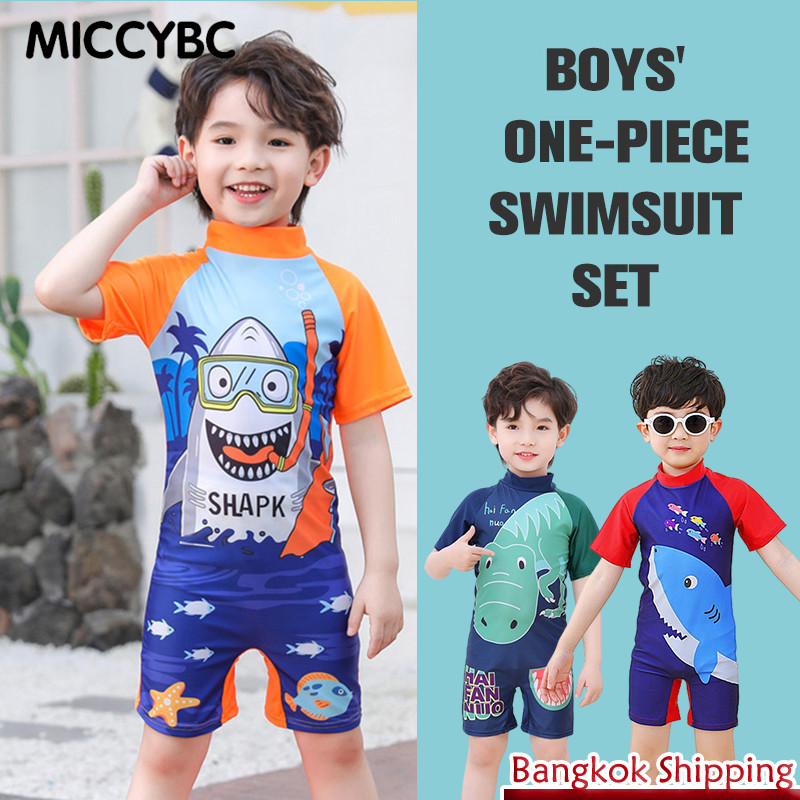 ชุดว่ายน้ําเด็กผู้ชาย One Piece สําหรับ 3-10Y เด็กซิปสัตว์น่ารักรูปแบบครีมกันแดดชุดว่ายน้ําแขนสั้น