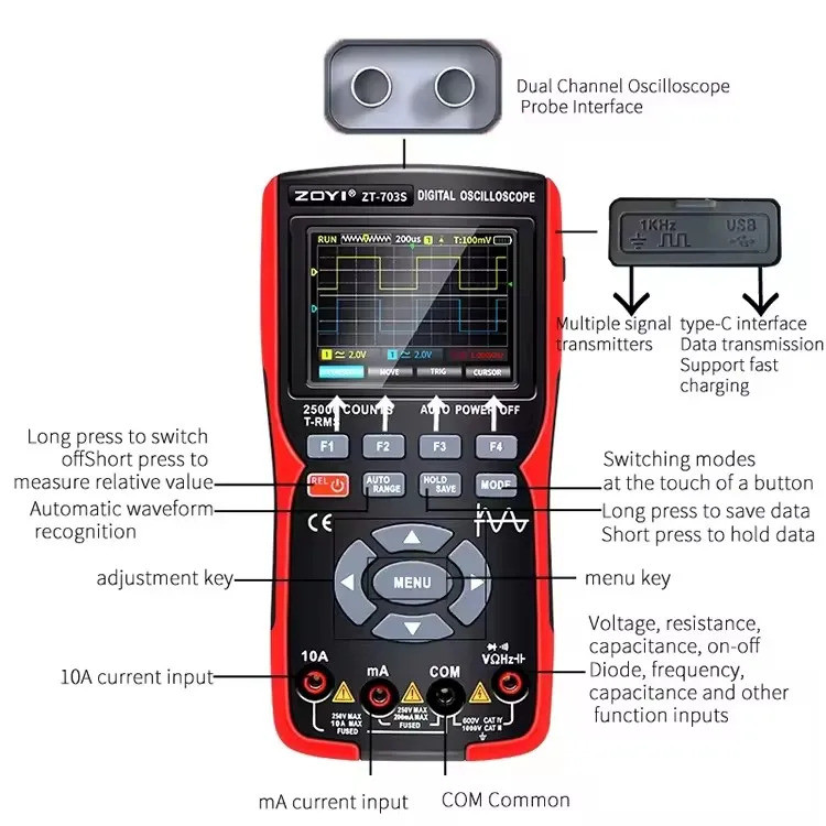 ZT703S ซ่อมรถยนต์ Multi-function วัดหน้าจอสี Oscilloscope มัลติมิเตอร์ 3-in-1 Digital Oscilloscope