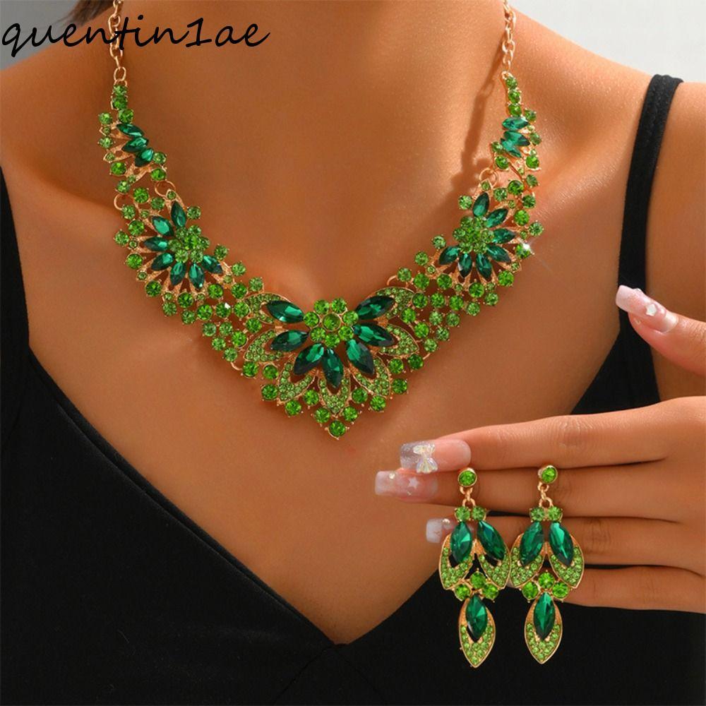 QUENTIN1AE สร้อยคอนำโชคพร้อมต่างหู ประณีตด้วยคริสตัล Rhinestone ส่องประกาย สำหรับเจ้าสาวหรูหรา
