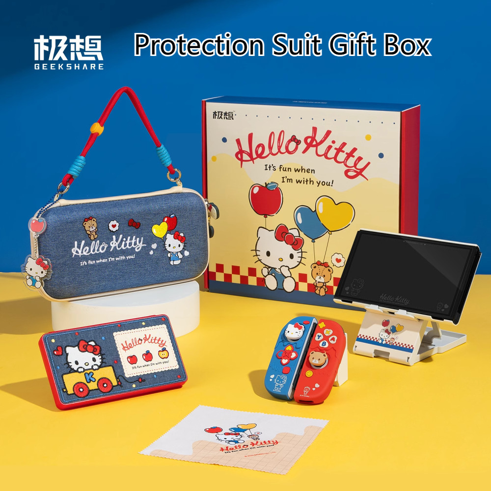 Geekshare Switch Protective Case HelloKitty Co-Branded Soft Silicone Protective Case Storage Bag Rocker Cap Card Case Screen Protective Film Accessories Gift for Girlfriend for Swi