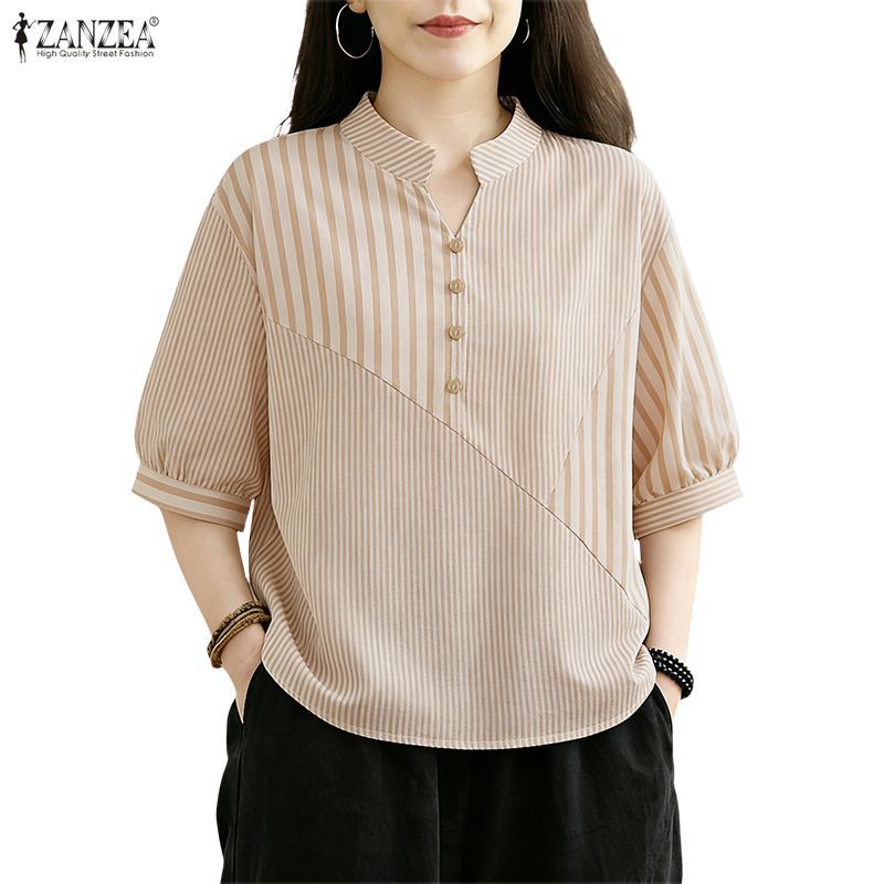 เสื้อสตรีสไตล์เกาหลี แขนครึ่ง ลายพิมพ์ มีกระดุม จากแบรนด์ ZANZEA