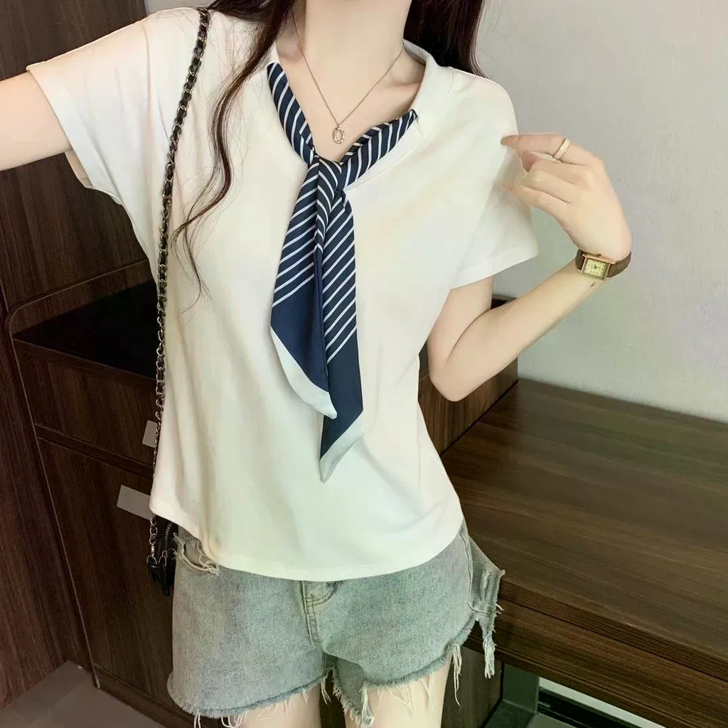 ผ้าพันคอไหมคอปกแขนสั้นเสื้อยืดผู้หญิงฤดูร้อนใหม่บวกขนาดเกาหลีเสื้อยืดหลวม ๆ ผู้หญิงสั้นด้านบน