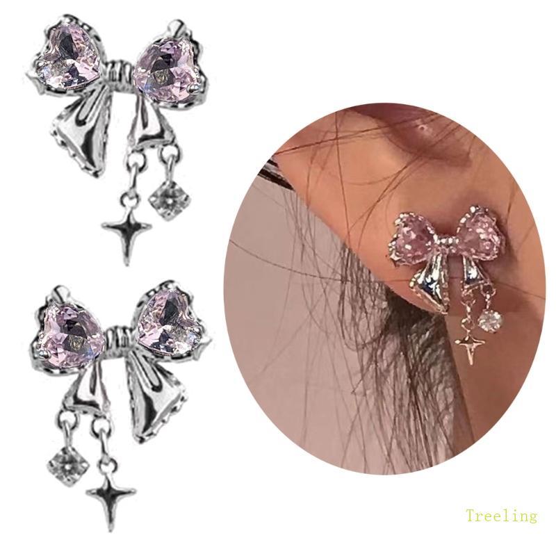 Treeling Sweet Cool Bowknot Zircon Ear Studs - เครื่องประดับทันสมัยจาก Swarovski zircon สำหรับทุกวัน