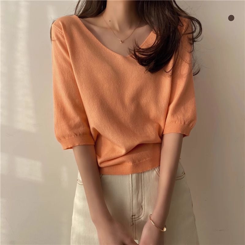 คอปก twkorea ผู้หญิง Niche Top อารมณ์สไตล์ฤดูใบไม้ผลิแขนสั้นหลวมเสื้อกันหนาวฤดูร้อนเสื้อกันหนาวที่ไม