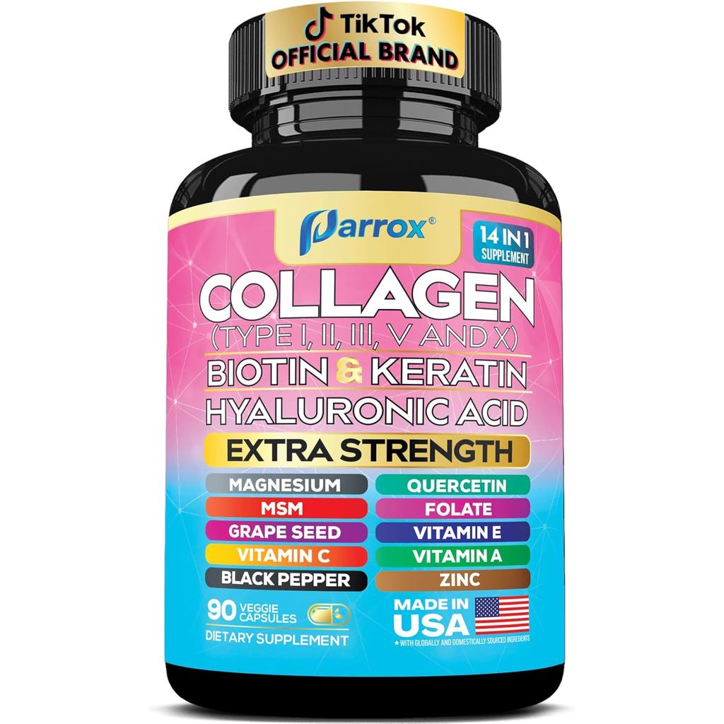 คอลลาเจนเปปไทด์ชนิด I, II, III, V & X, MCG Biotin, Keratin, Hyaluronic Acid, M, Zinc, Grape , Querce