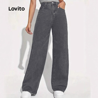 Lovito กางเกงยีนส์ซิปกระเป๋าฤดูใบไม้ผลิ/ฤดูร้อนสีดําแบบลําลอ…