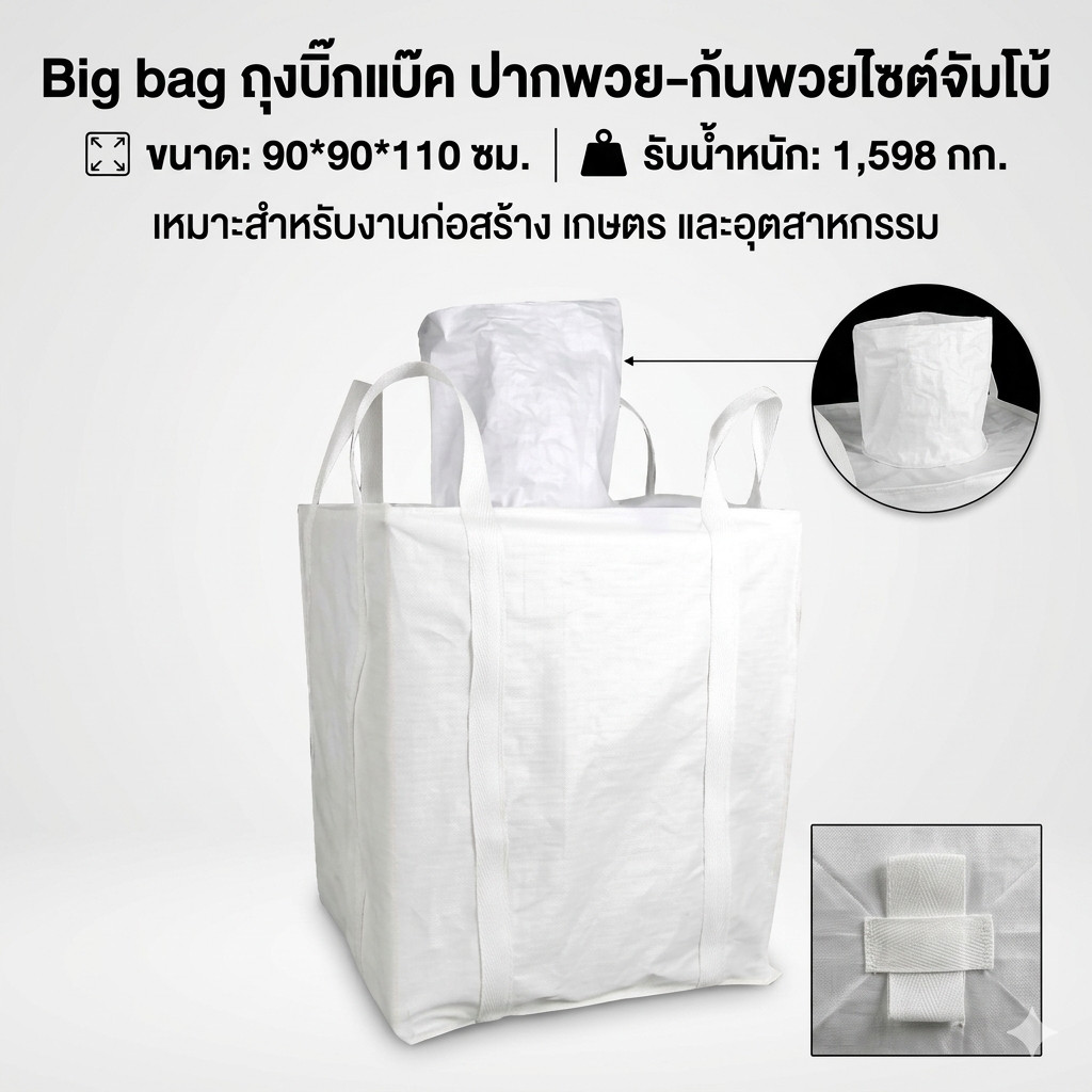 GT5 Big bag ถุงบิ๊กแบ๊ค ปากพวย-ก้นพวยไซต์จัมโบ้ ขนาดใหญ่ แบบกระสอบขนาด 90*90*110 cm บรรจุได้1,598 กก.