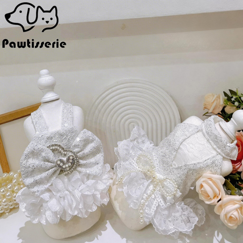 2 รูปแบบ Silver Glitter สัตว์เลี้ยงชุดเจ้าสาว | ชุดแต่งงานสุนัขแมวลูกไม้มุก