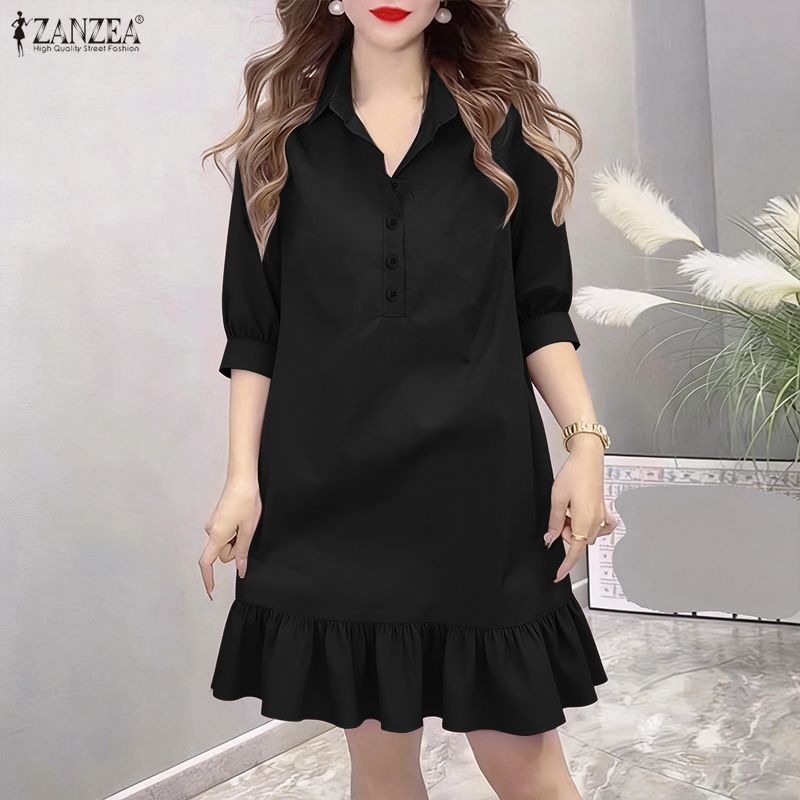 ZANZEA ชุดสำนักงานสไตล์เกาหลี สไตล์เรียบหรู กระดุมปุ่มพับ แขนสามส่วน และขอบกระโปรงระบาย — صورة 4