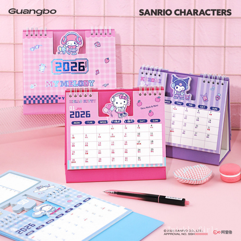 อย่างเป็นทางการ Sanrio 2026 ปฏิทินตั้งโต๊ะ Kuromi Cinnamoroll My Melody Hello Kitty พับวางแผนรายสัปดาห์พร้อม Memo น่ารักยืนโต๊ะ Organizer