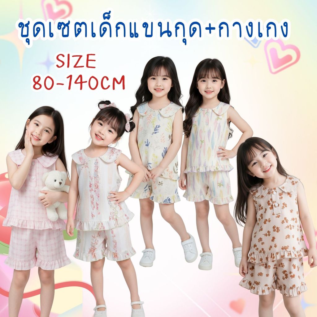 Dolemi Baby ชุดเซตเด็กหญิง แขนกุด กางเกง  ขาสั้น ลายน่ารัก เนื้อผ้าผสม ฝ้าย และโพลี  คอปก มีหูกระต่าย เอวยางยืด
