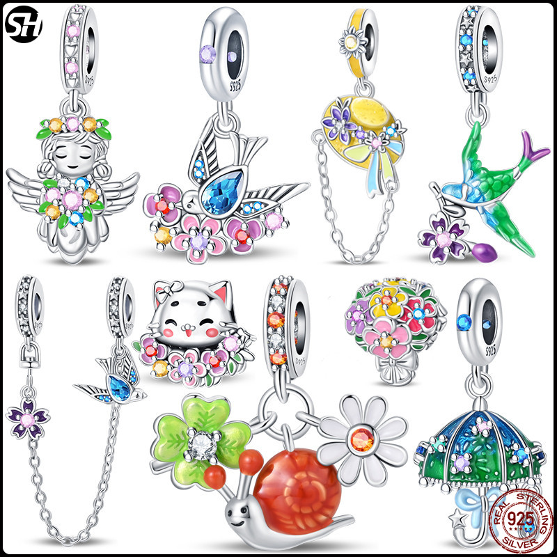 925 เงินกลืนจัดส่งฤดูใบไม้ผลิดอกไม้ขนาดเล็ก Rain Guard แขวน Enchanted บัญชี Charms Fit สร้อยข้อมือ DIY