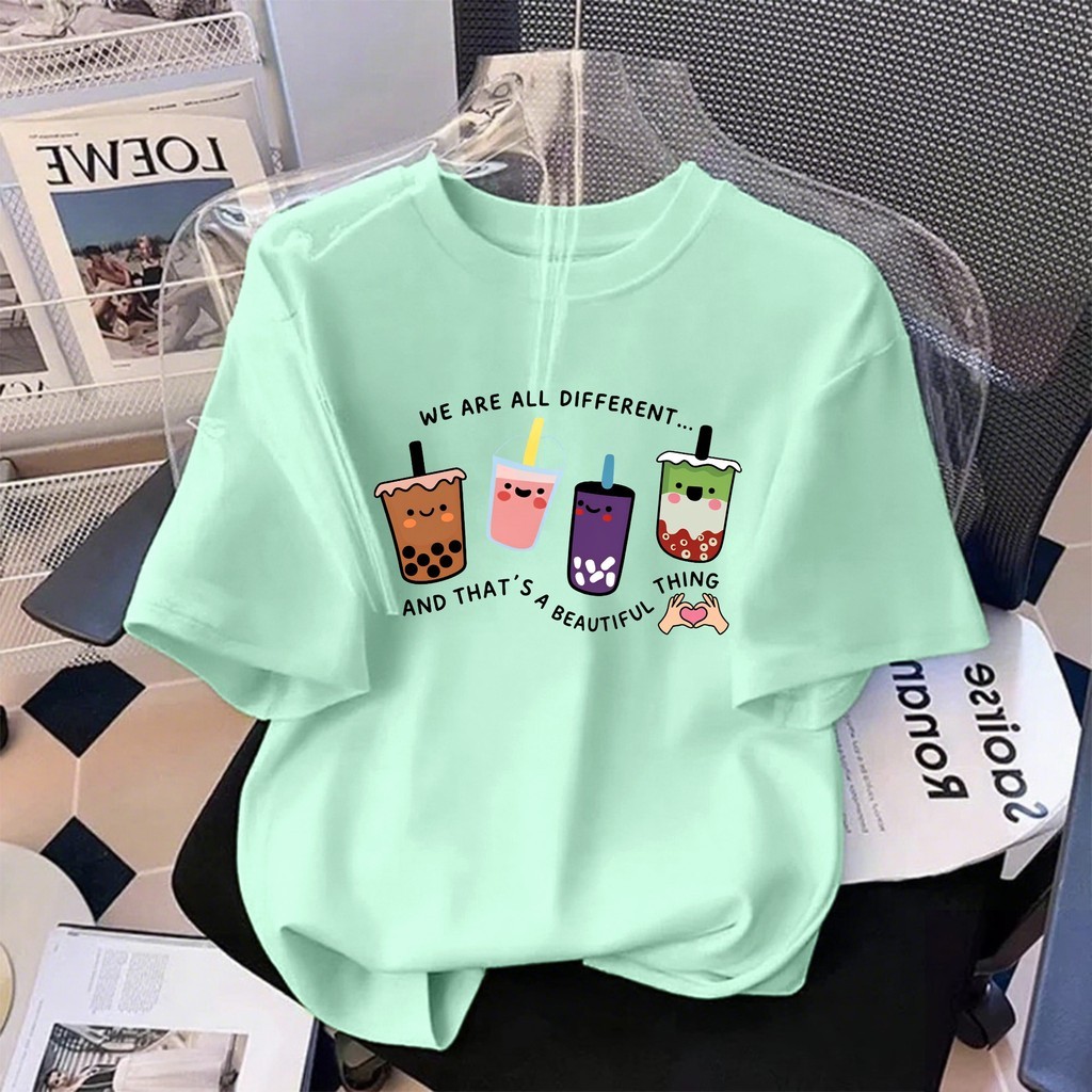 🌷Su.Tee🌷สื้อยืด oversize เสื้อแฟชั่น เกาหลี สตรีท ใส่สบาย โคตรนุ่ม ผ้าคอตตอน100% ลาย "Four drinks"