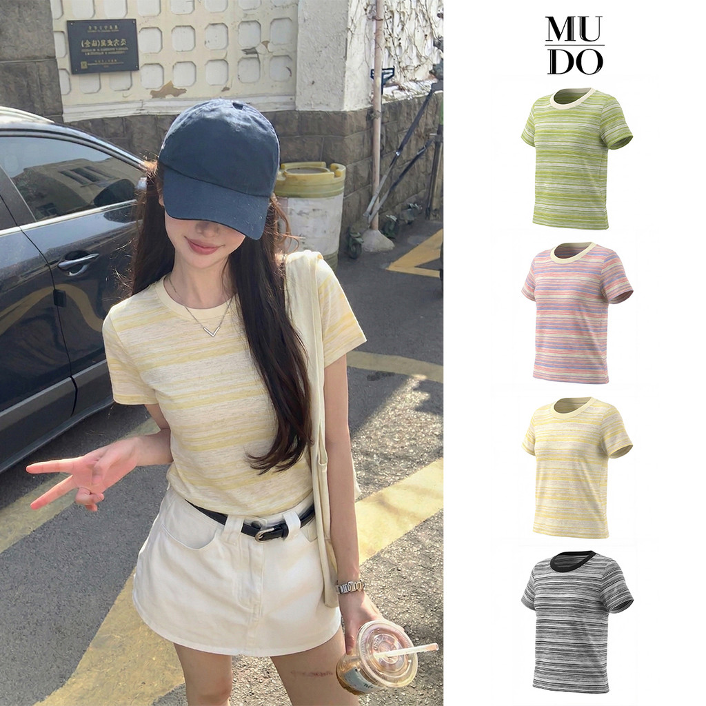 MUDO เสื้อยืดแขนสั้นผู้หญิง ทรงหลวม ผ้าฝ้ายลายหิมะ คอกลมตัดไหล่ตรง ลายทางสีตัดกัน ระบายอากาศดี #1012