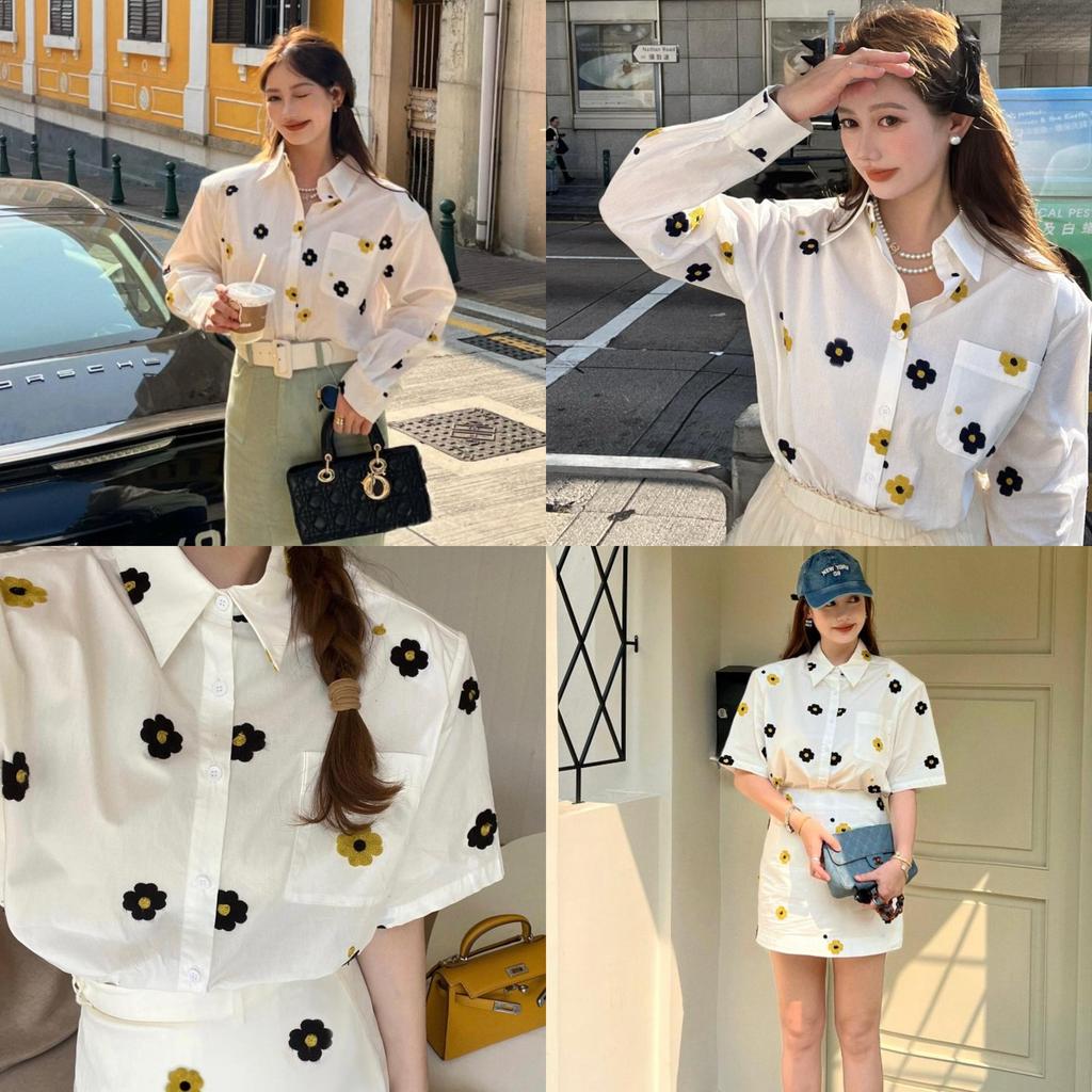Chili Koko เสื้อเชิ้ตแขนยาว ผ้าคอตตอนพรีเมียม สีโทนขาวละมุน เสื้อทรงคอปก ดีเทลลายดอกไม้เล็กสีดำเหลือง w717