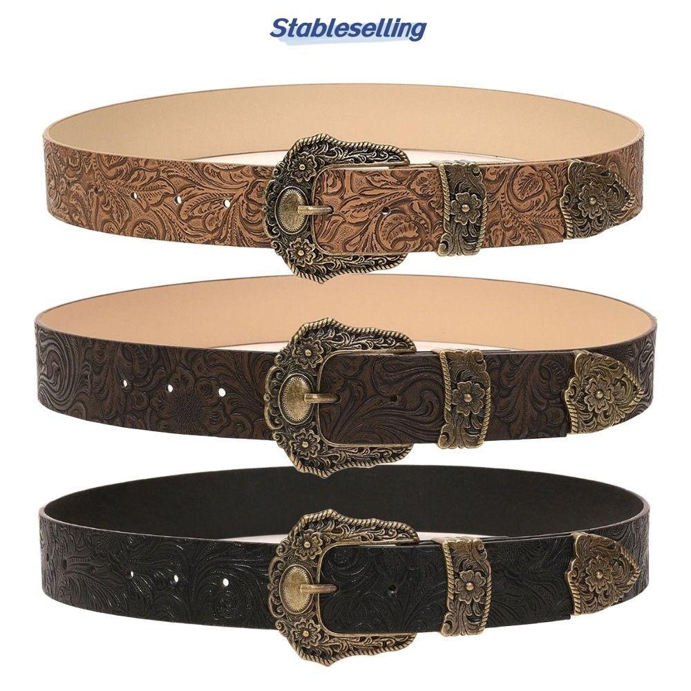 STABLESELLING Western Cowboy Belt, Vintage Wide Buckle Belt, Fashion PU Leather Retro Casual Waist B