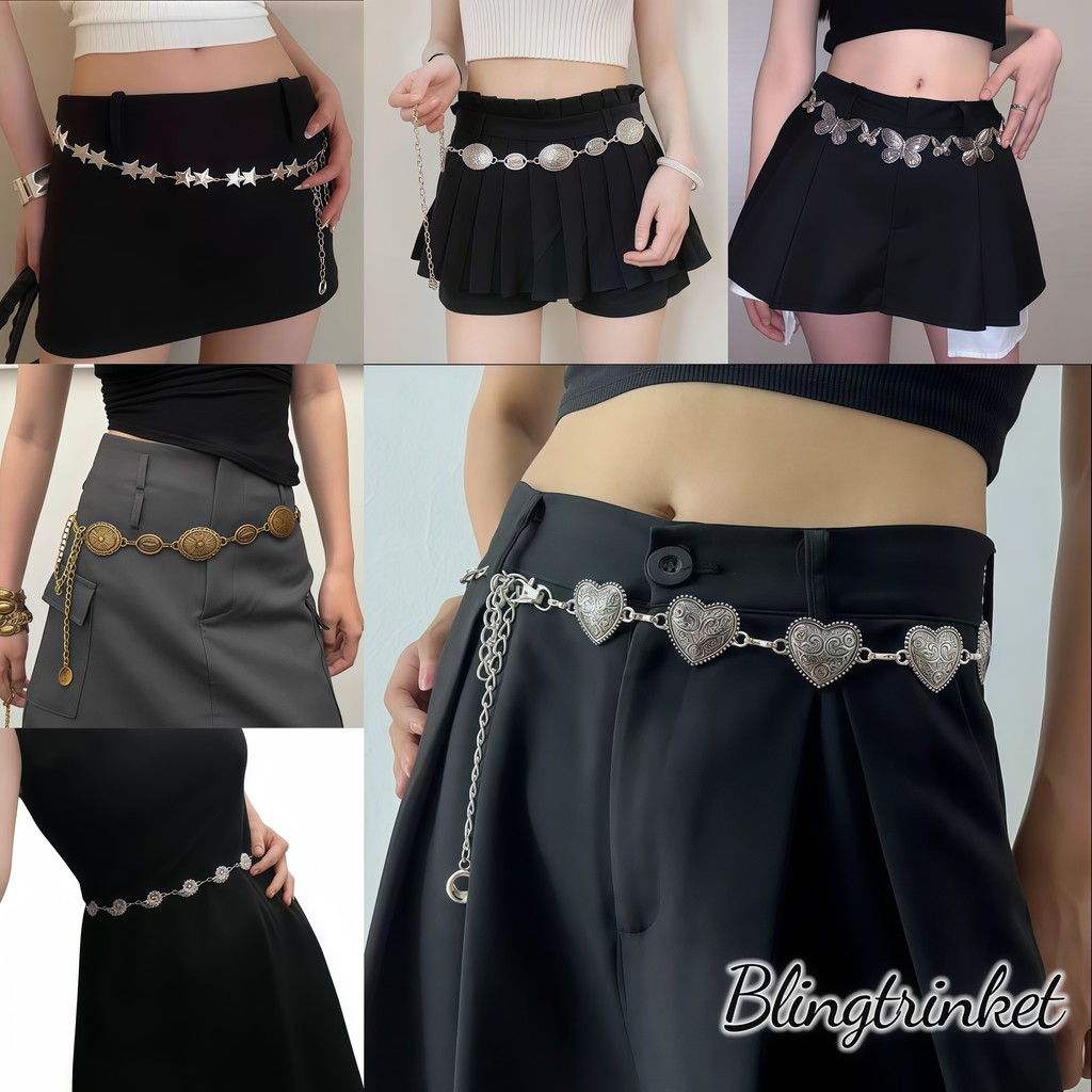 Bling Trinket เข็มขัดลำลองประดับด้วยโซ่รูปดาว ผีเสื้อ และหัวใจ เครื่องประดับแฟชั่นสไตล์โบฮีเมียน จัดส่งรวดเร็ว