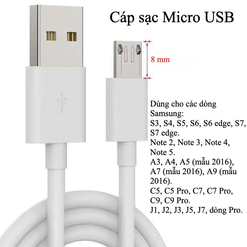 สายชาร์จ Micro Usb สีขาวสําหรับ Samsung S4, S5, S6, Note 3, Note 4, Note 5A3, A4, A5, C5, C7, J3, J5